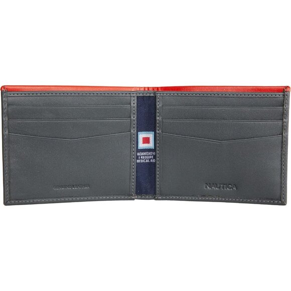 Nautica Men's Bifold Leather Wallet Navy Red RFID Blocking ID Window Card Slots - Picture 2 of 5
